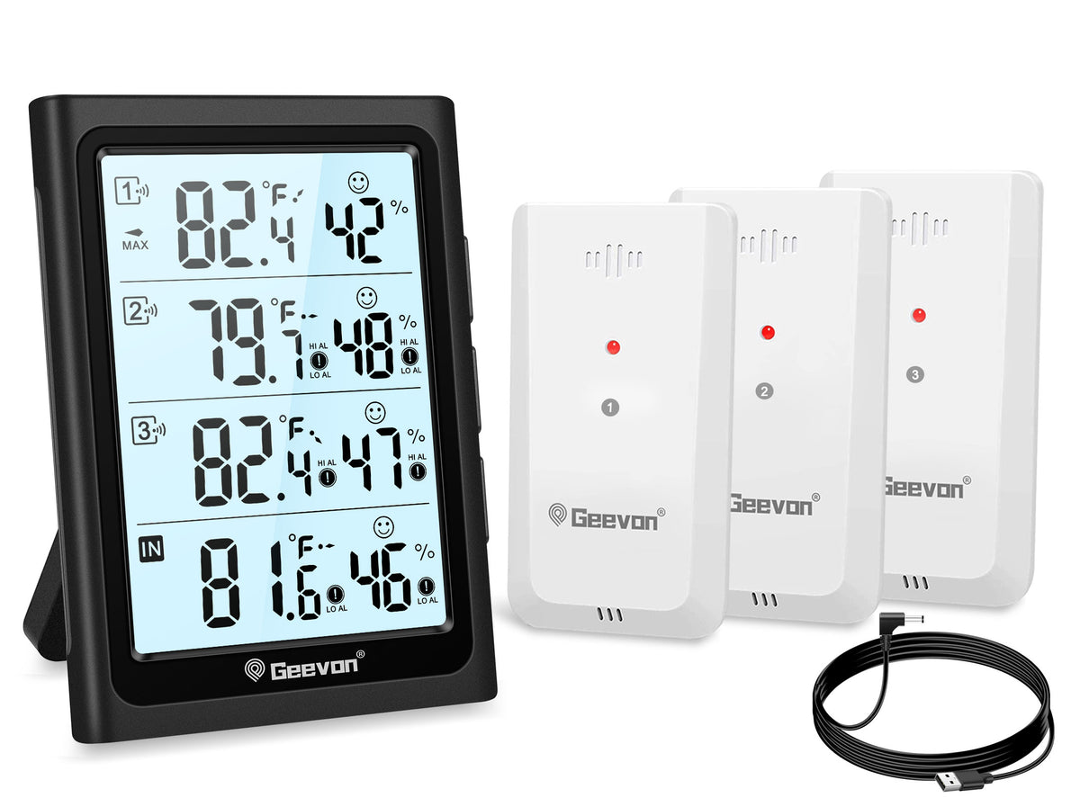 Geevon Indoor Outdoor Thermometer Digital Wireless with 3 Outdoor Sensors, Large LCD Display Digital Temperature Humidity Gauge with Backlight (LCD Display)
