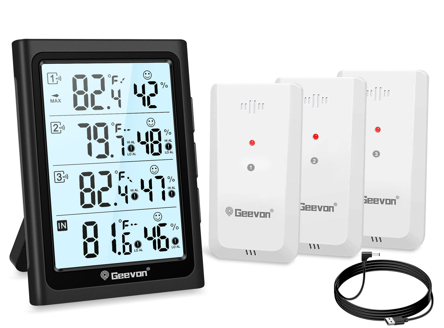 Geevon Indoor Outdoor Thermometer Digital Wireless with 3 Outdoor Sensors, Large LCD Display Digital Temperature Humidity Gauge with Backlight (LCD Display)
