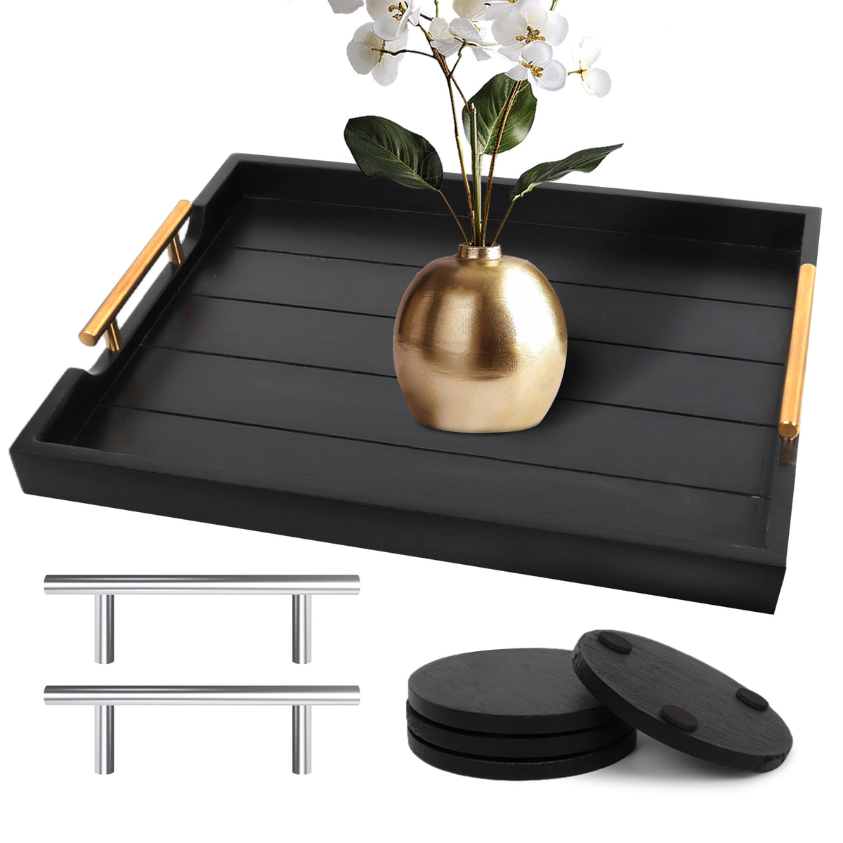 Sxnows Coffee Table Trays - Large Ottoman Tray for Living Room -Wood Serving Tray with 2 Sets of Handles - Wooden Tray for Coffee Table, 4 Round Coasters Included(Black)