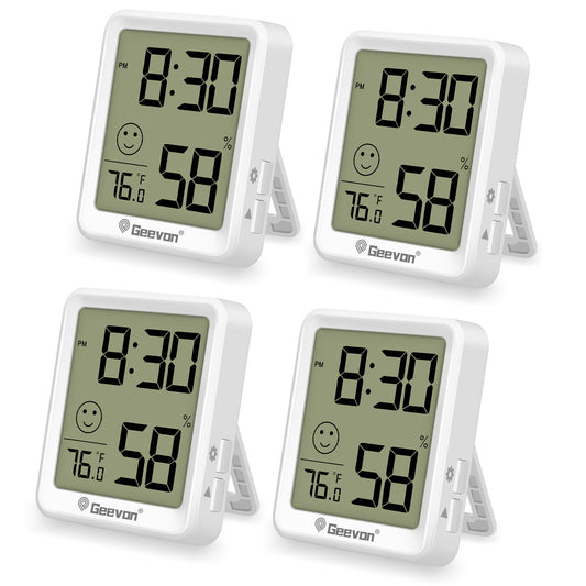 Geevon 4 Pack Digital Hygrometer Indoor Thermohygrometer , Room Thermometer Humidity Meter with Time for Home, Bedroom, Baby Room, Office, Greenhouse, Cellar (White)