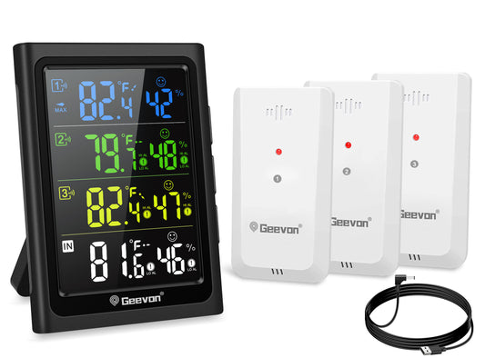 Geevon Indoor Outdoor Thermometer Digital Wireless with 3 Outdoor Sensors, Large LCD Display Digital Temperature Humidity Gauge with Backlight (Color VA Display)