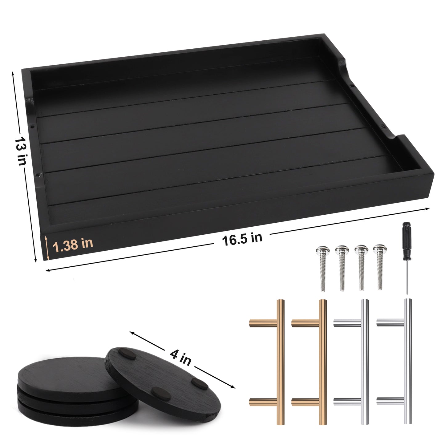 Sxnows Coffee Table Trays - Large Ottoman Tray for Living Room -Wood Serving Tray with 2 Sets of Handles - Wooden Tray for Coffee Table, 4 Round Coasters Included(Black)