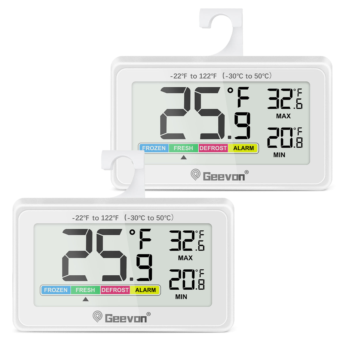 Geevon Digital Refrigerator Thermometers 2 Pack, IP65 Waterproof Fridge and Freezers Thermometer with Magnetic Back Large LCD, Max/Min Record Function for Home, Commercial