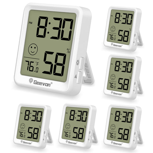Geevon 6 Pack Digital Hygrometer Indoor Thermohygrometer , Room Thermometer Humidity Meter with Time for Home, Bedroom, Baby Room, Office, Greenhouse, Cellar (White)