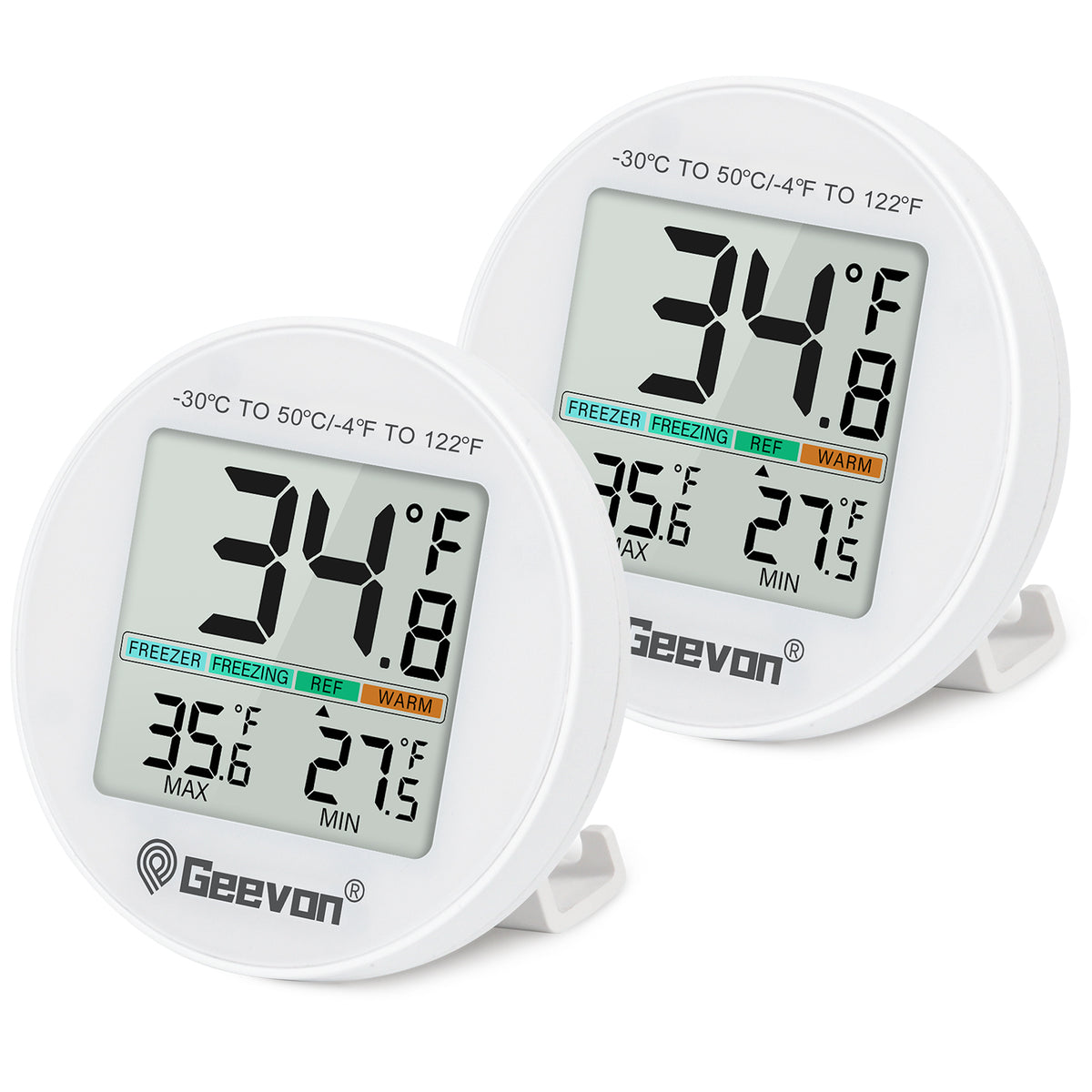 Geevon Small Digital Refrigerator Thermometer 2 Pack, IP65 Waterproof Max/Min Record Function with LCD Screen, Stand and Magnetic Back, for Fridge, Freezer Scenarios(Battery Included)