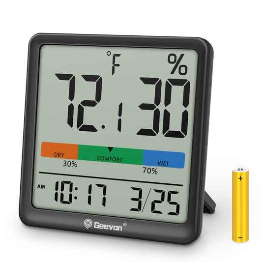 Geevon Digital Indoor Thermometer Hygrometer, Wireless Temperature Humidity Meter with Comfort Index, 1*AAA Battery, Calendar, Small Room Temperature Monitor for Home, Greenhouse, Bedroom(Black)