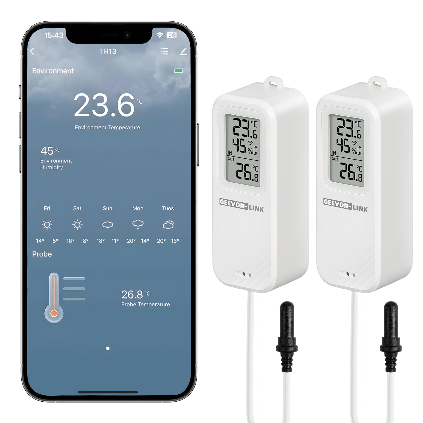 Geevon WiFi Refrigerator Thermometer with Alarm, Freezer Temperature with Probe, Wireless Digital Fridge Thermometer Humidity Sensor, Historical Data Export, for Home Kitchen Fridge Tub(2 Pack)