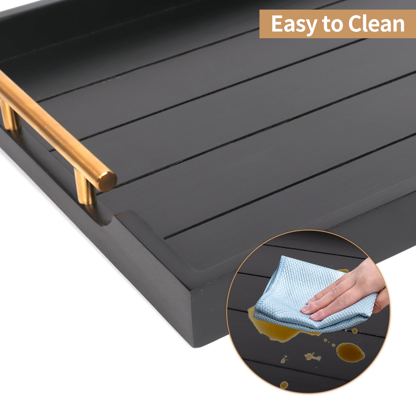Sxnows Coffee Table Trays - Large Ottoman Tray for Living Room -Wood Serving Tray with 2 Sets of Handles - Wooden Tray for Coffee Table, 4 Round Coasters Included(Black)
