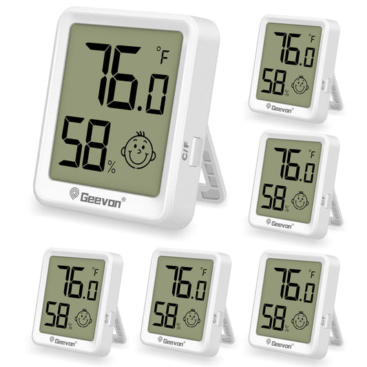 Geevon 6 Pack Digital Hygrometer Indoor Thermohygrometer , Room Thermometer Humidity Meter for Home, Bedroom, Baby Room, Office, Greenhouse, Cellar (White)