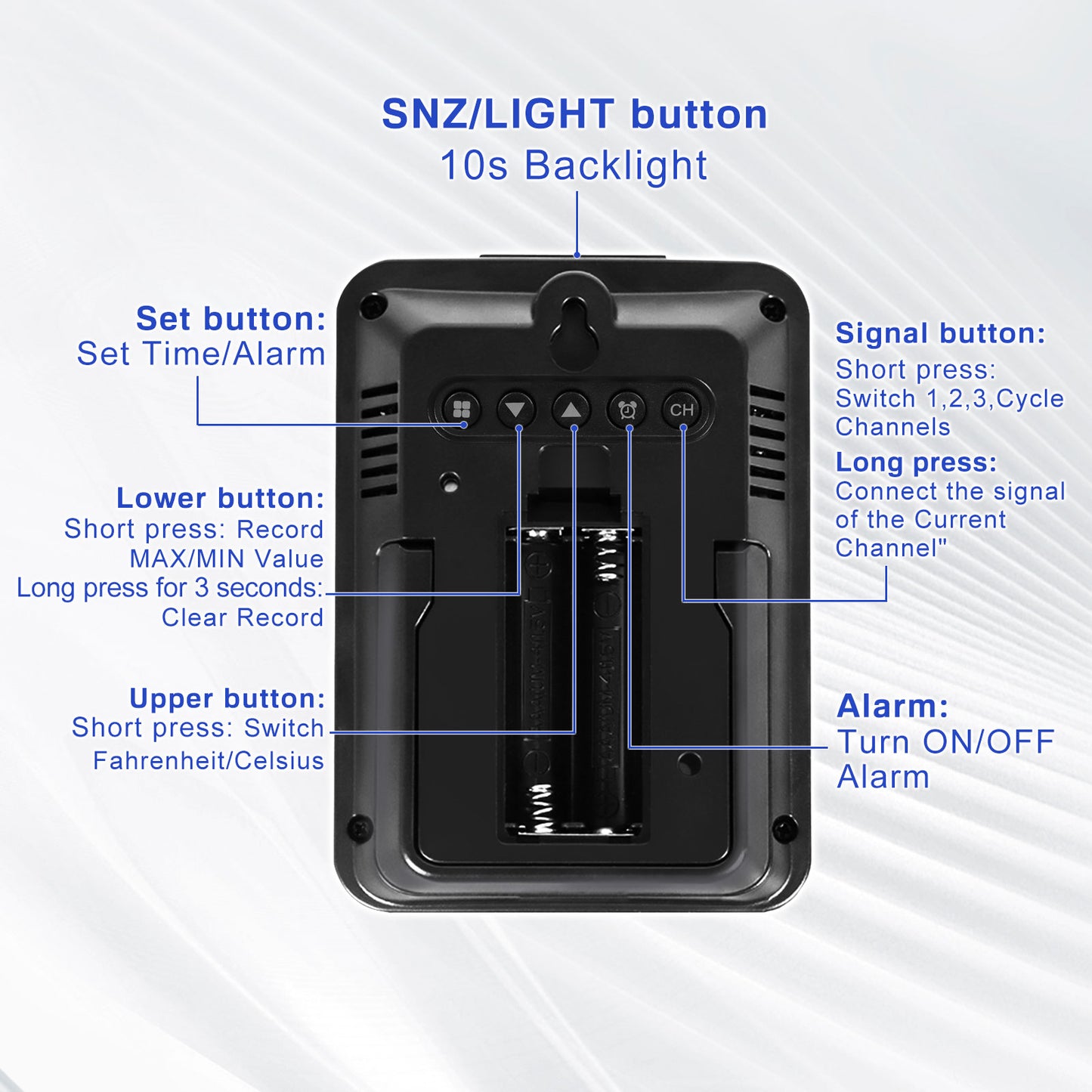 Geevon Indoor Outdoor Thermometer Wireless, Digital Temperature & Humidity Monitor with Alarm Clock, 3.8" Large Display, Backlight, 3 Channels, Battery Operated for Home, Bedroom, Greenhouse