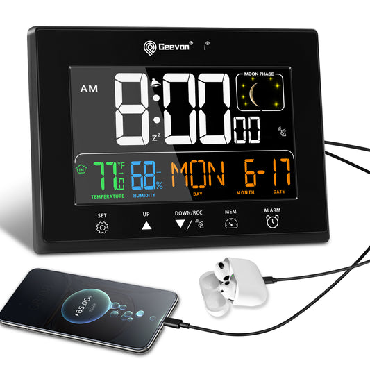 Geevon Digital Atomic Alarm Clocks for Bedrooms with Battery Backup, HD Color Display Atomic Lock with Backlight, 2 USB Ports, Indoor Temperature and Humidity, Moon Phases, Time, and Calendar