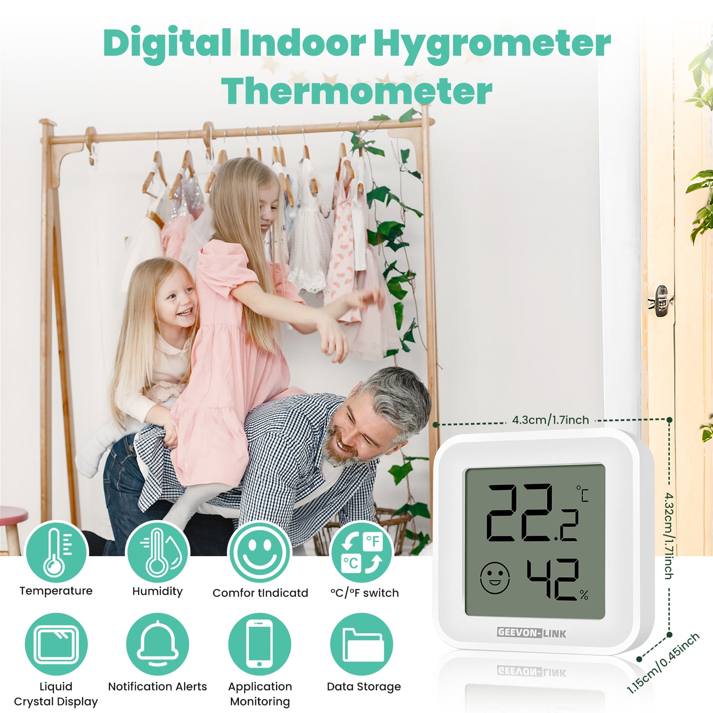 Geevon Bluetooth Thermometer Hygrometer, Indoor Temperature Humidity Sensor with HD Display, App Notification Alert, Historical Data Storage and Export(4 Pack )