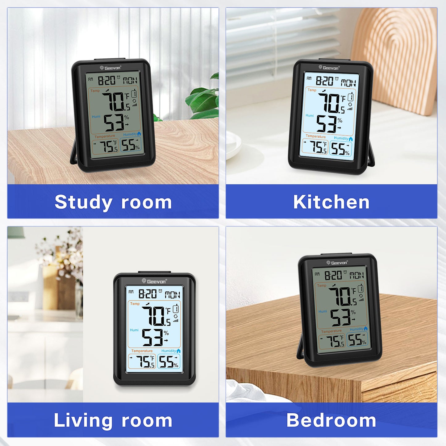 Geevon Indoor Outdoor Thermometer Wireless, Digital Temperature & Humidity Monitor with Alarm Clock, 3.8" Large Display, Backlight, 3 Channels, Battery Operated for Home, Bedroom, Greenhouse