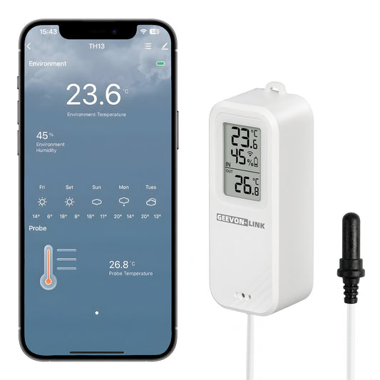 Geevon WiFi Refrigerator Thermometer with Alarm, Freezer Temperature with Probe, Wireless Digital Fridge Thermometer Humidity Sensor, Historical Data Export, for Home Kitchen Fridge Tub(1 Pack)