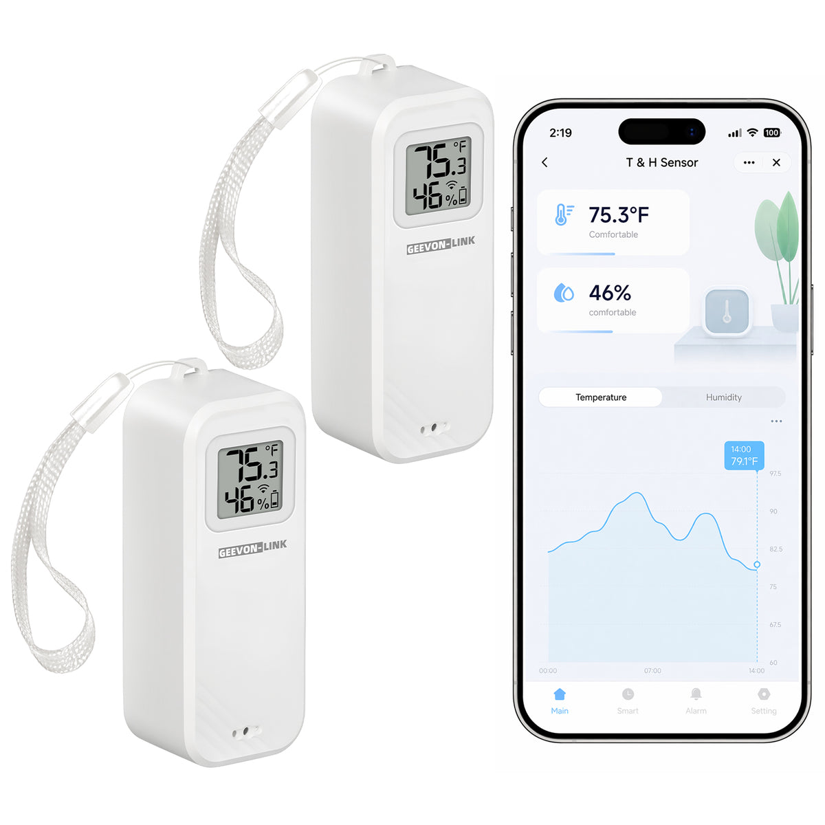 Geevon WiFi Thermometer Hygrometer, Smart Humidity Temperature Sensor with Display, Free Data Storage Export, Temp and humidity monitor with alert, For bedroom, wine cellar, basement(2 Pack)