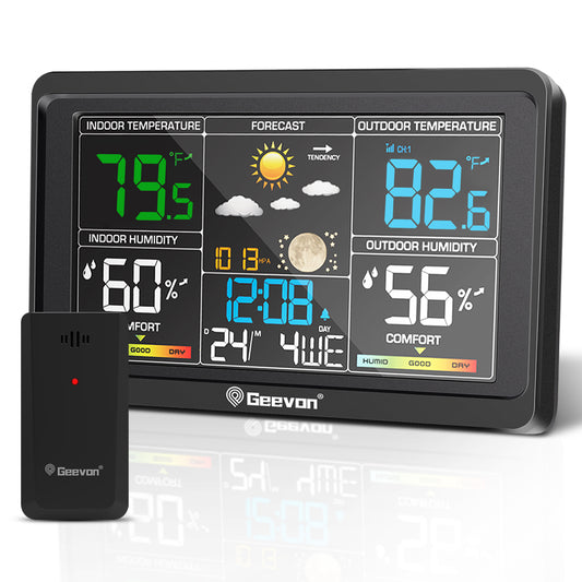 Geevon Weather Station Wireless Indoor Outdoor Thermometer, Large Color Display Temperature Humidity Monitor with Comfort Indicator, USB Charging Port and Adjustable Backlight
