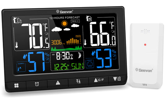 Geevon Weather Station Wireless Indoor Outdoor Thermometer with Atomic Clock, VA Color Display Digital Temperature Humidity Monitor with Barometer, Comfort Indicator, and Adjustable Backlight