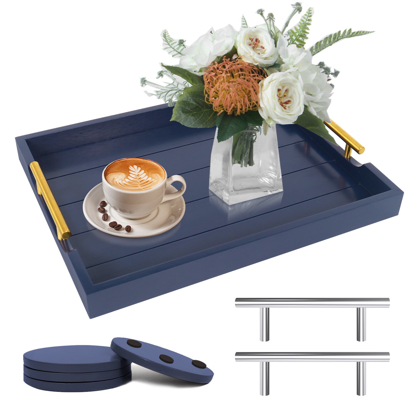 Sxnows Coffee Table Trays - Large Ottoman Tray for Living Room -Wood Serving Tray with 2 Sets of Handles - Wooden Tray for Coffee Table, 4 Round Coasters Included(Deep Blue)