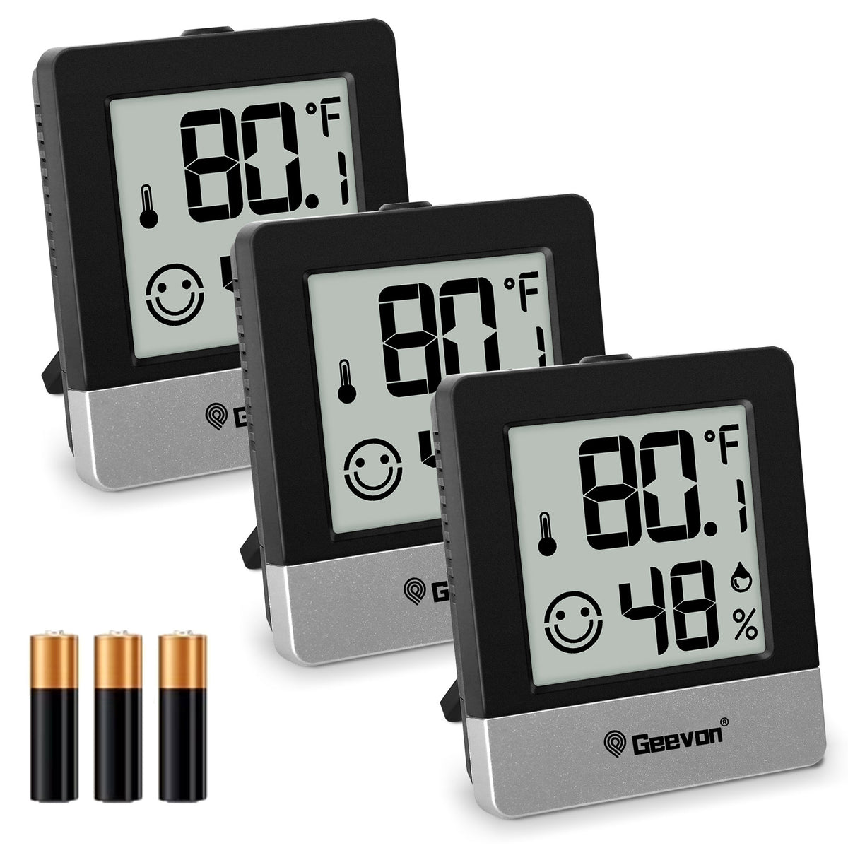 Geevon Digital Hygrometer, 3 Pack Indoor Thermometer Indoor Thermohygrometer with Battery, Digital Temperature Humidity Meter Indicator for Home, Office, Greenhouse, Mini Hygrometer(Black)