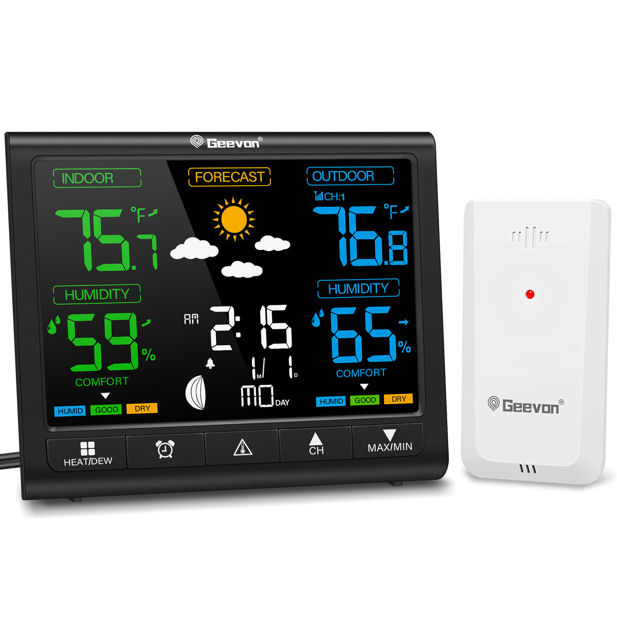 Geevon Weather Station Indoor Outdoor Thermometer Wireless, Digital Thermometer Temperature Humidity Monitor with Comfort Indicator, Adjustable Backlight, Alarm Clock and Calendar(350°view angle)