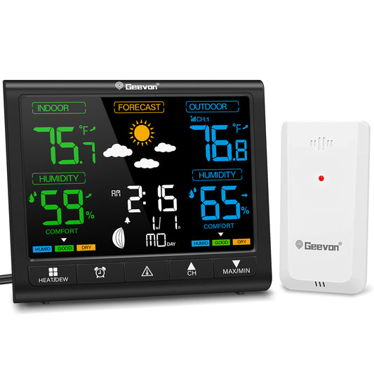 Geevon Weather Station Indoor Outdoor Thermometer Wireless, Digital Thermometer Temperature Humidity Monitor with Comfort Indicator, Adjustable Backlight, Alarm Clock and Calendar(350°view angle)