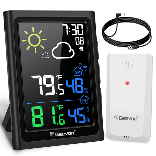 Geevon Indoor Outdoor Thermometer Wireless Weather Station with Color Display, Digital Hygrometer Temperature Humidity Monitor with Alarm Clock and Backlight