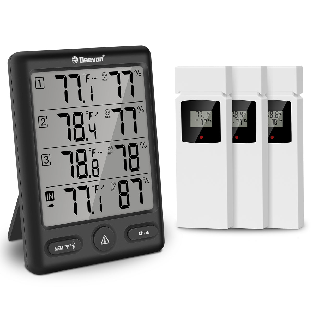 Geevon Indoor Outdoor Thermometer Wireless with 3 Remote Sensors, Wireless Thermohygrometer, Digital Temperature Humidity Meter with 200FT/60M Range(Black)