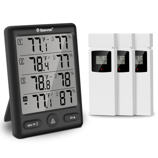 Geevon Indoor Outdoor Thermometer Wireless with 3 Remote Sensors, Wireless Thermohygrometer, Digital Temperature Humidity Meter with 200FT/60M Range(Black)