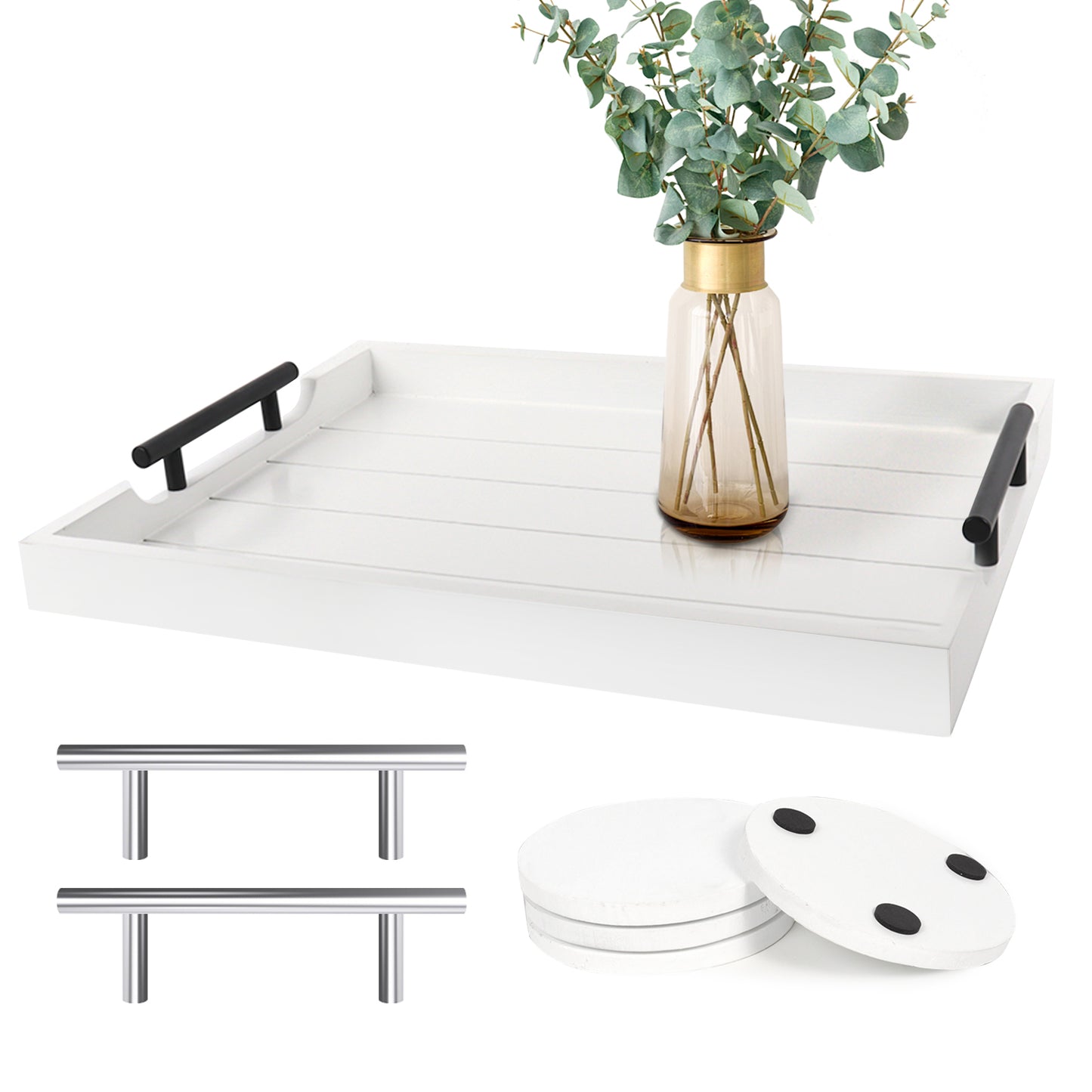 Sxnows Coffee Table Trays - Large Ottoman Tray for Living Room -Wood Serving Tray with 2 Sets of Handles - Wooden Tray for Coffee Table, 4 Round Coasters Included(White)