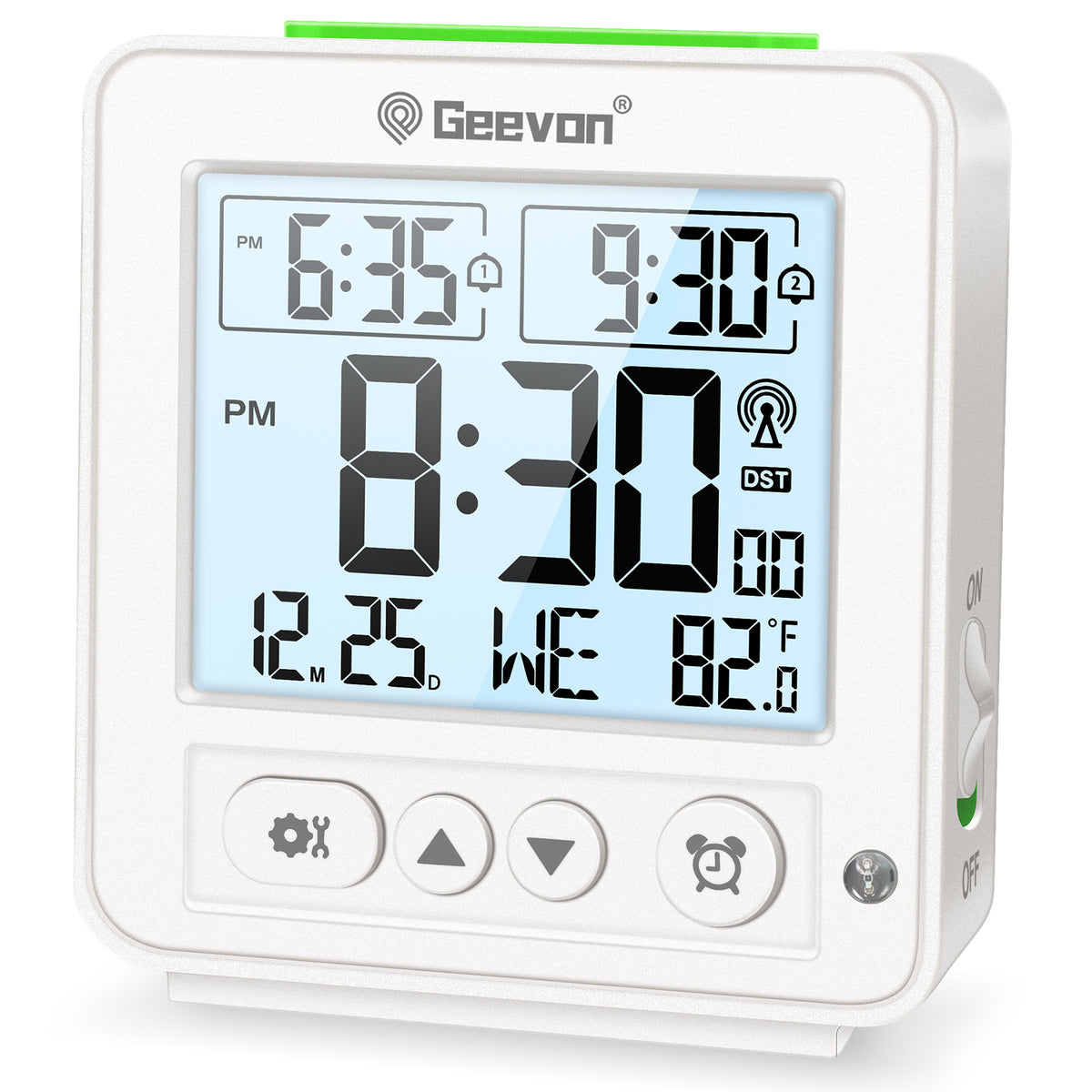 Geevon Small Digital Atomic Alarm Clock for Bedroom, Battery Operated Travel Alarm Clock with Auto/8s Backlight, 2 Alarm, Temperature, for Deep Sleepers Kids Elderly Home Office(White)