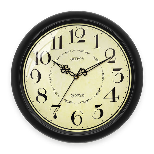 Geevon 12 IN Retro Wall Clock No Ticking Sound, Wall Clock with Quartz Accents and Vintage Patterns, Battery Operated for Kitchen, Bedroom, Office, Classroom, Living Room Decor (Black)