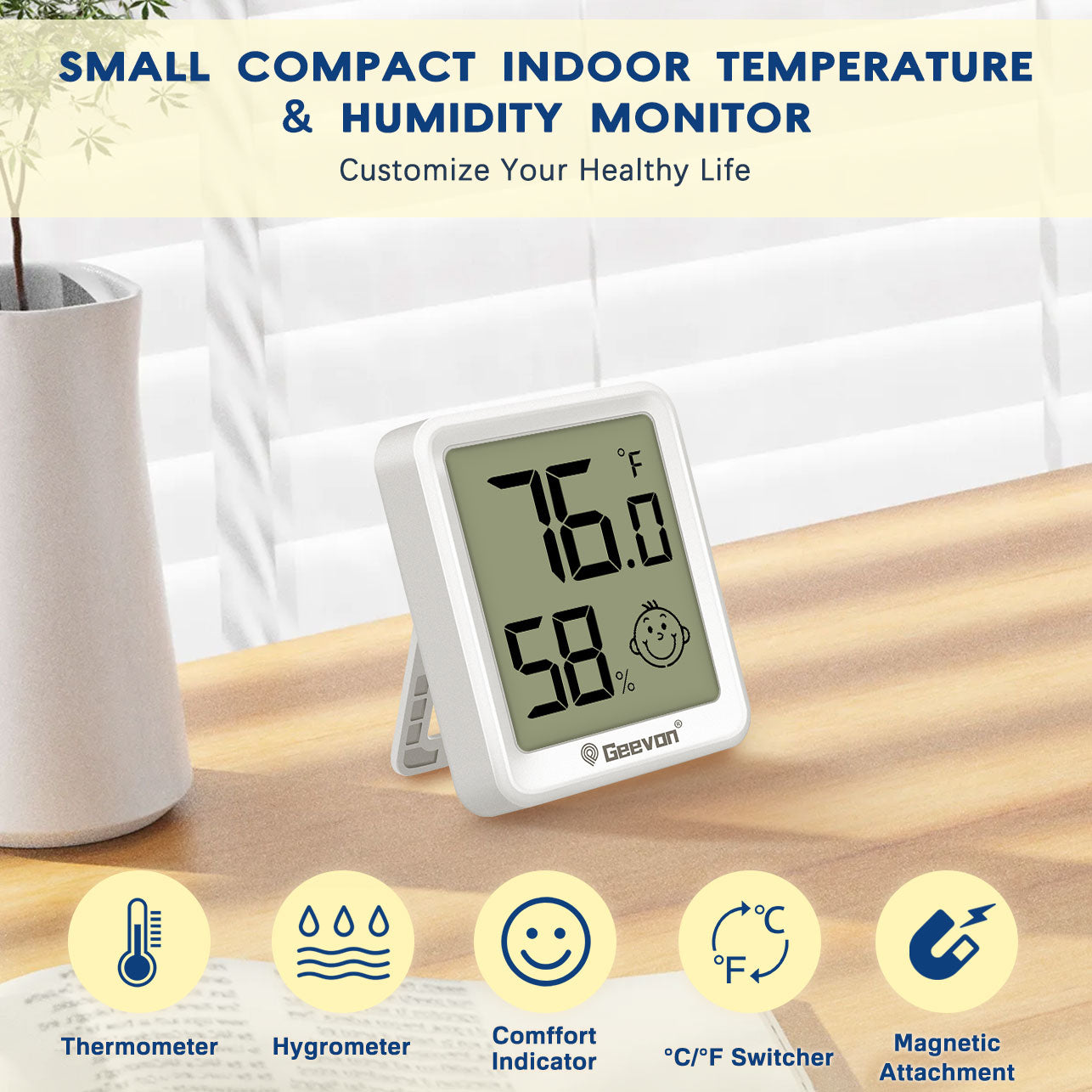 Geevon 6 Pack Digital Hygrometer Indoor Thermohygrometer , Room Thermometer Humidity Meter for Home, Bedroom, Baby Room, Office, Greenhouse, Cellar (White)