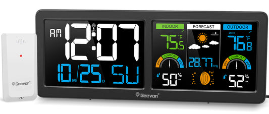 Geevon Weather Station Wireless Indoor Outdoor Thermometer with Atomic Clock, HD Color Display Digital Temperature Humidity Monitor with Barometer, Comfort Indicator, and Adjustable Backlight
