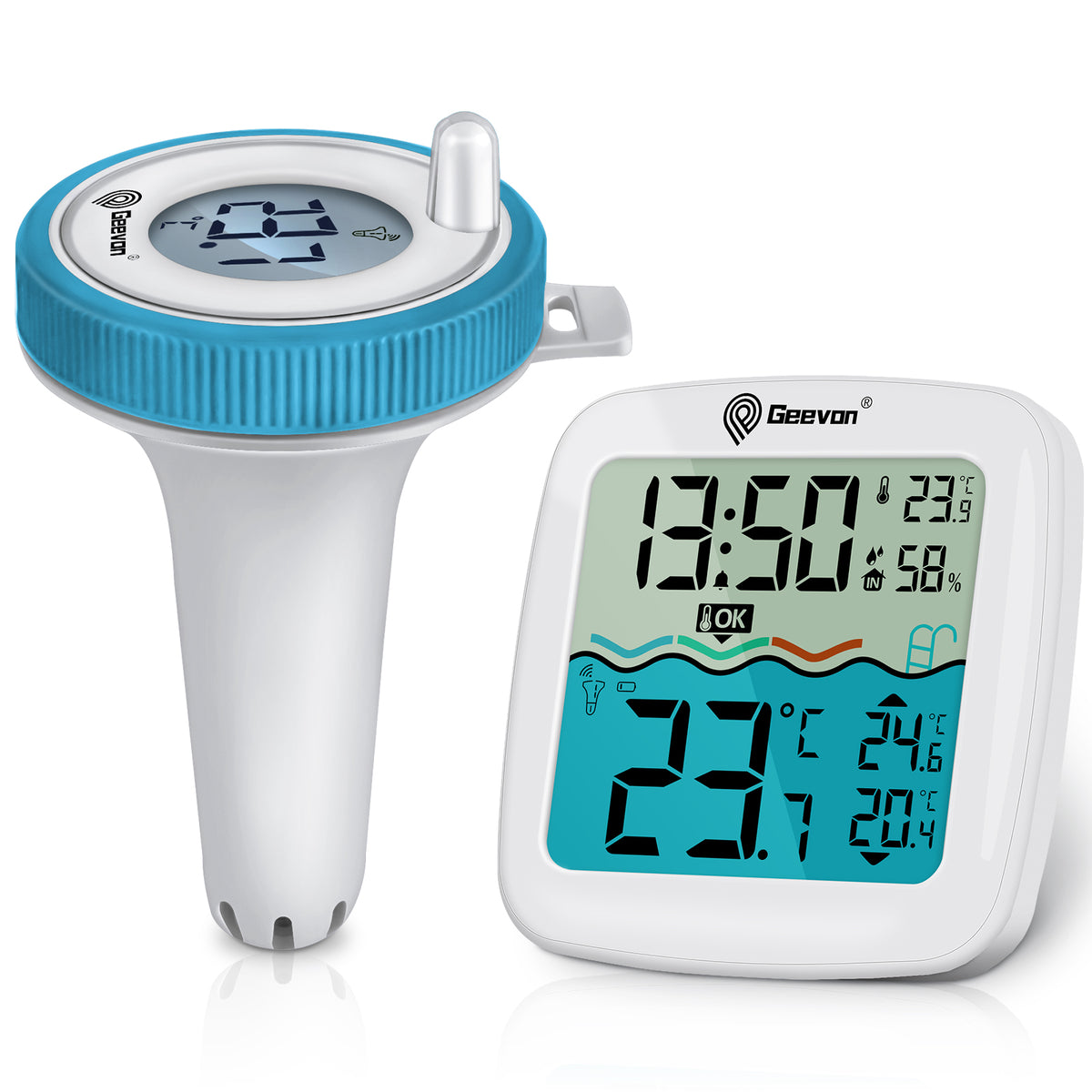 Geevon Digital Pool Thermometer Large-Size Thermometer with Backlit Display Temperature Monitor for Hot Tubs/Ice Baths/Pools/SPA/Aquariums/Ponds Spring & Summer Kit Early Warning Display Time Display with Alarm Function  12/24-Hour Format Switch