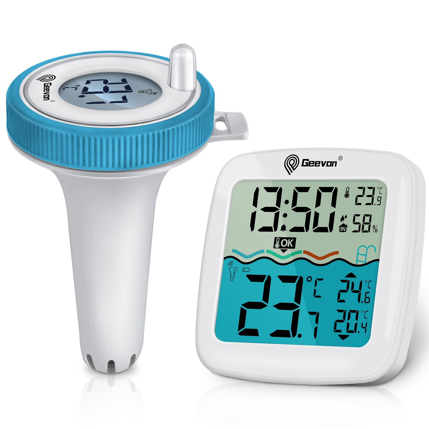 Geevon Digital Pool Thermometer Large-Size Thermometer with Backlit Display Temperature Monitor for Hot Tubs/Ice Baths/Pools/SPA/Aquariums/Ponds Spring & Summer Kit Early Warning Display Time Display with Alarm Function  12/24-Hour Format Switch
