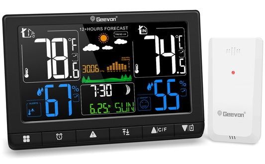 Geevon Weather Station Wireless Indoor Outdoor Thermometer with Atomic Clock, VA Color Display Digital Temperature Humidity Monitor with Barometer, Comfort Indicator, and Adjustable Backlight