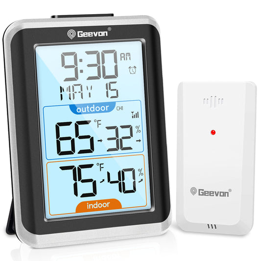 GEEVON Indoor Outdoor Thermometer Wireless Digital Hygrometer Temperature Gauge with Time，200ft/60m Range Temperature Humidity Sensor