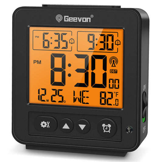 Geevon Small Digital Atomic Alarm Clock for Bedroom, Battery Operated Travel Alarm Clock with Auto/8s Backlight, 2 Alarm, Temperature, for Deep Sleepers Kids Elderly Home Office(Black)
