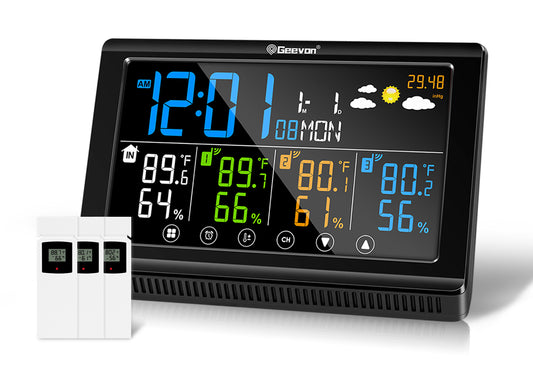 Geevon Weather Station Wireless Indoor Outdoor Thermometer 3 Sensors, Color Display Digital Temperature Humidity Monitor with Barometer, Calendar, USB Charge and Adjustable Backlight(350°View Angle)