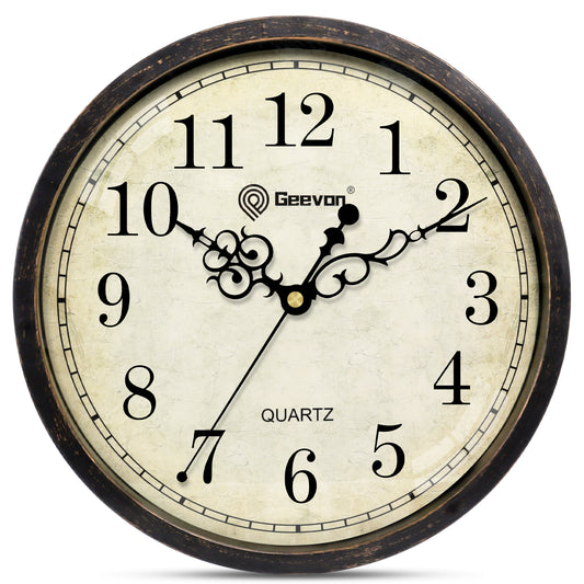 Geevon Vintage Wall Clock, Silent 10" Non Ticking Retro Round Clock Quartz Decorative Battery Operated Wall Clock for Kitchen, Office, Classroom, Bedroom, Living Room Decor