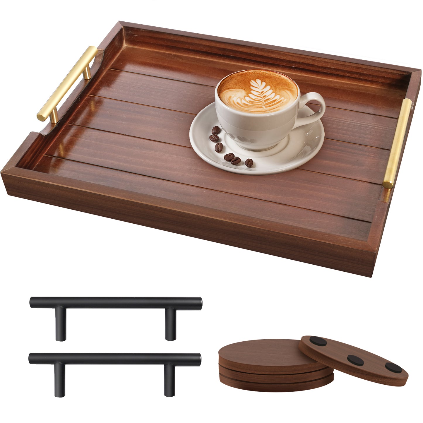 Sxnows Coffee Table Trays - Large Ottoman Tray for Living Room -Wood Serving Tray with 2 Sets of Handles - Wooden Tray for Coffee Table, 4 Round Coasters Included(Dark Brown)