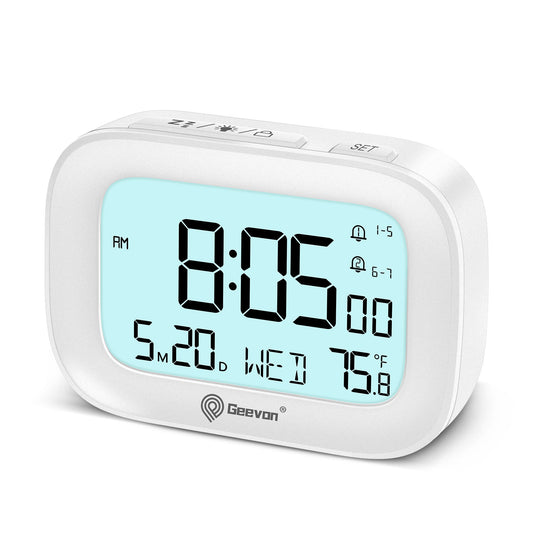 Geevon Small Travel Alarm Clock, Digital Alarm Clocks for Bedrooms Home Office, Battery Operated Desk Clock with 3 Inch Large Display, 2 Alarms, 5s Backlight, Snooze, Indoor Temperature(White)
