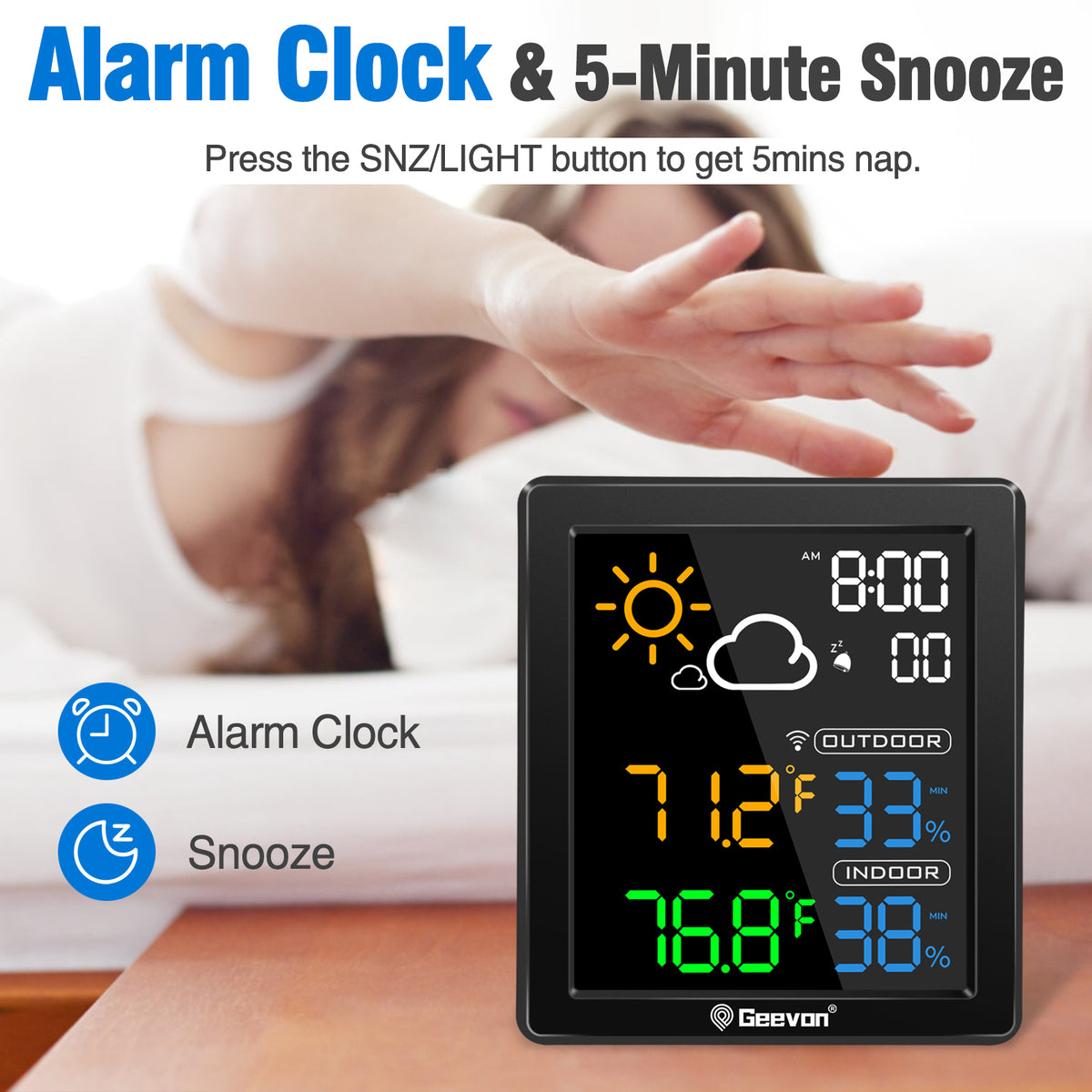 Geevon Indoor Outdoor Thermometer Digital Wireless, Color Display Digital Thermohygrometer Temperature Humidity Monitor with Alarm Clock and Backlight