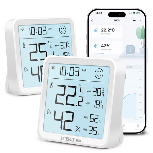 Geevon Indoor WiFi Hygrometer Thermometer, Bluetooth WiFi Humidity Temperature Gauge with Large LCD Display, with Max Min Records, Historical Data Storage and Export for Room Greenhouse(2 Pack )