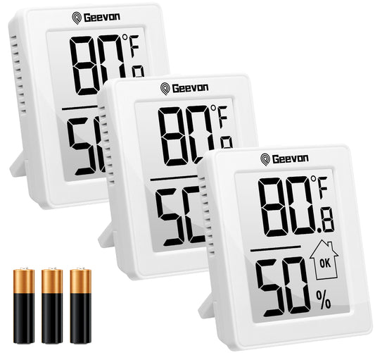 Geevon Digital Hygrometer, 3 Pack Indoor Thermometer Indoor Thermohygrometer with Battery, Digital Temperature Humidity Meter Indicator for Home, Office, Greenhouse, Mini Hygrometer(White)