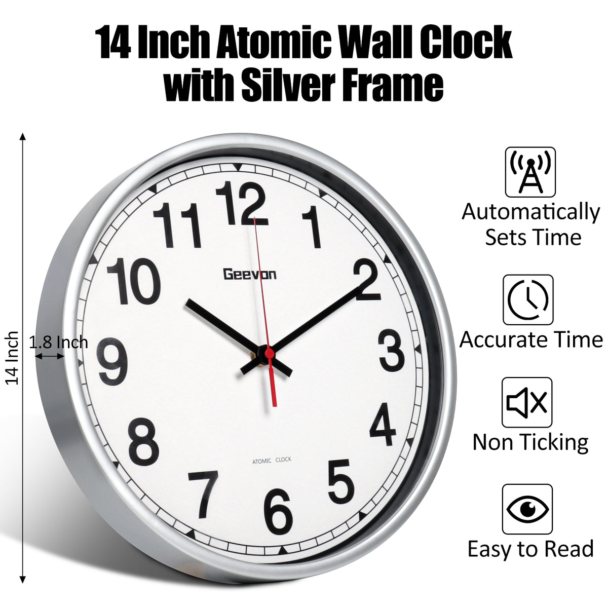 Geevon 14 Inch Atomic Analog Wall Clock, Sets Automatically Wall Clock Battery Operated, Easy to Read Atomic Clock for Kitchen/School/Classroom/Living Room
