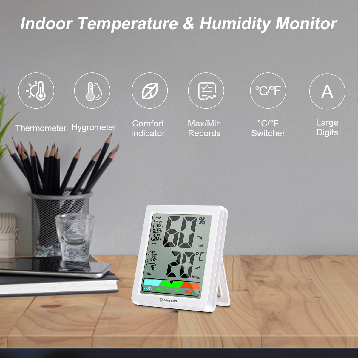 Geevon Digital Hygrometer Indoor Thermohygrometer, Room Thermometer Indoor with Accurate Sensor, Humidity Meter for Home Garage Greenhouse Baby Room (White)