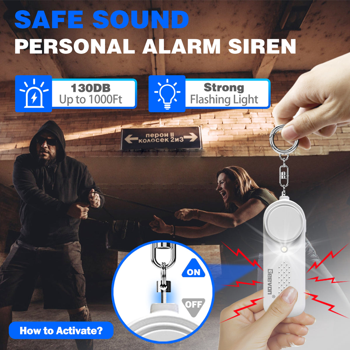 Geevon 2 Pack Personal Safety Alarms, 130DB Safe Sound Self Defense Alarm Siren with Strobe Light, Emergency Security Alert Devices for Women, Men, Elderly, Children (White - 2 Pack)