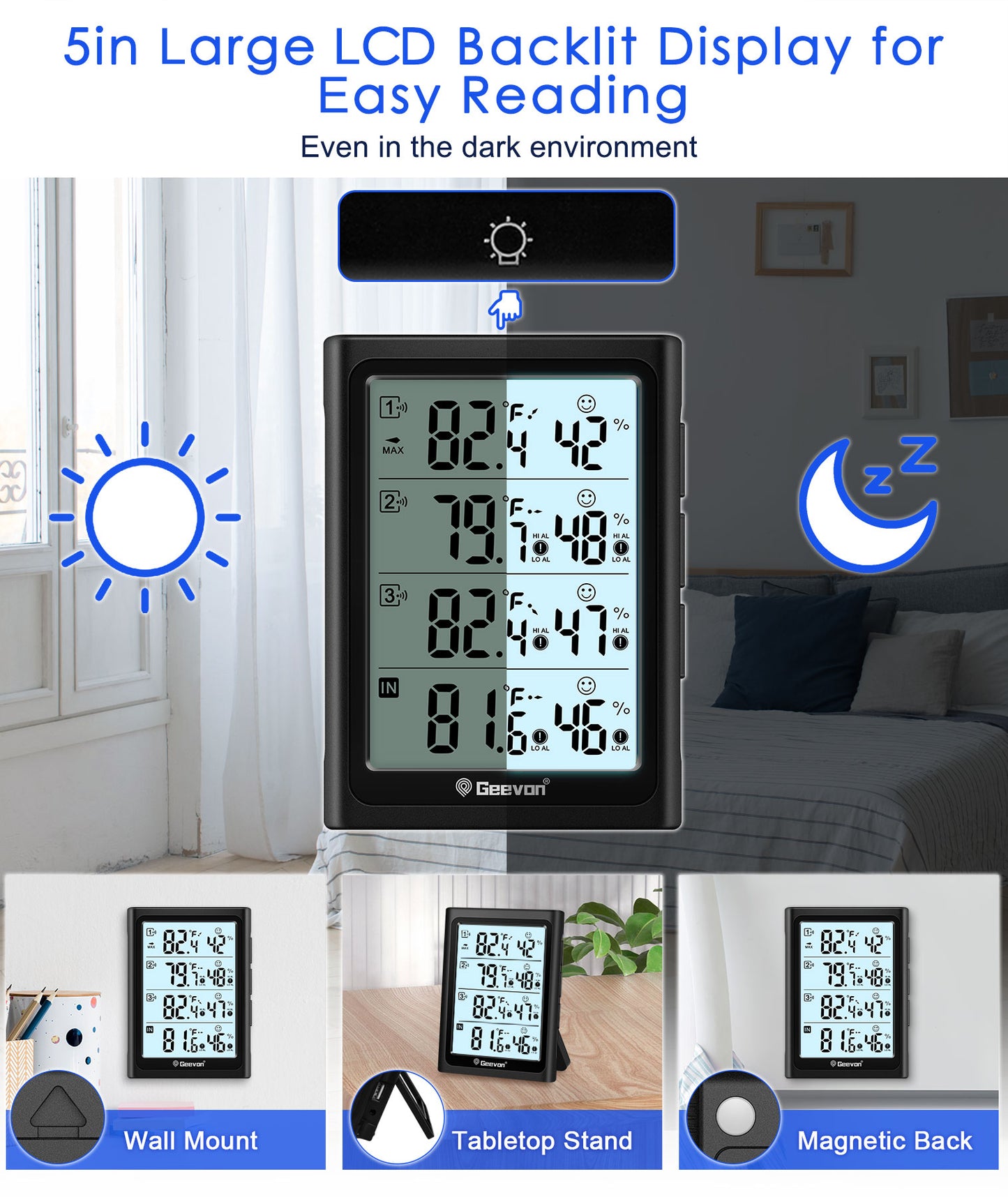 Geevon Indoor Outdoor Thermometer Digital Wireless with 3 Outdoor Sensors, Large LCD Display Digital Temperature Humidity Gauge with Backlight (LCD Display)