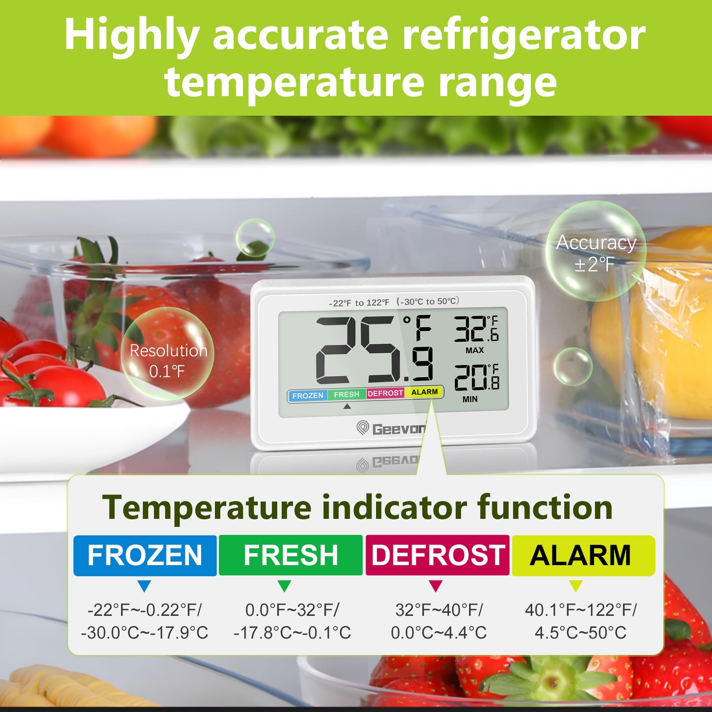 Geevon Digital Refrigerator Thermometers 2 Pack, IP65 Waterproof Fridge and Freezers Thermometer with Magnetic Back Large LCD, Max/Min Record Function for Home, Commercial